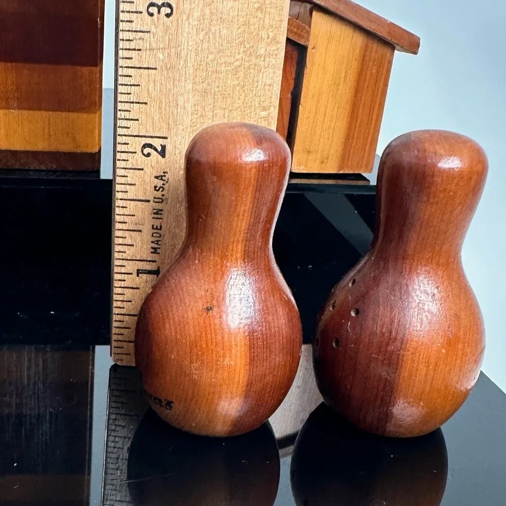 Vintage Salt Pepper Shaker Set Lot of 5 Wood Inlay Souvenir Novelty Rustic Mini